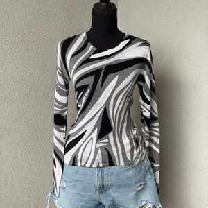 August Silk black & white abstract swirl pattern long sleeve top SizeS 100% silk